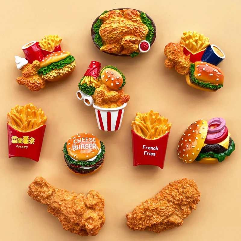 3D Fast Food Resin Refrigerator Magnet Stickers Decor Hamburger Fried Chicken French Fries Fridge Magnets for Children Toy